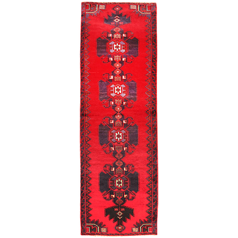 Hamadan Persian Rug 8x2 ft - Semi Antique Medallion Toranj, Geometric Red, Navy Blue, Black Hand Knotted | front view | SKU 111167
