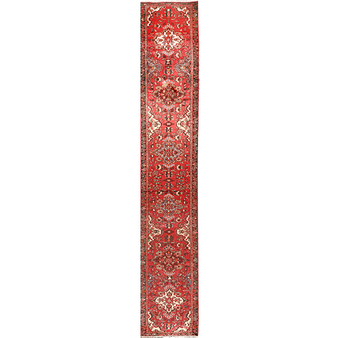 Hamadan Persian Rug 15x2 ft - Semi Antique Medallion (Toranj), Herati (Mahi) Madder Red, Cream, Navy Blue Hand Knotted | front view | SKU 111169