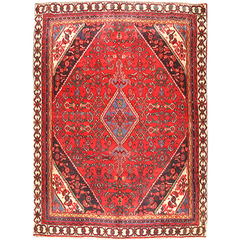 Hamadan Persian Rug 8x6 ft - Semi Antique Medallion Toranj, Herati Mahi Madder Red, Navy Blue, Cream Hand Knotted | front view | SKU 111171