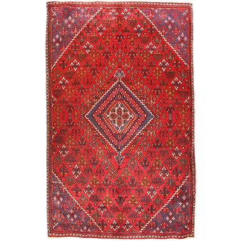 Josheghan Persian Rug 9'1" x 5'7" - Semi Antique Geometric Crimson, Navy Blue Hand Knotted | front view | SKU 111172