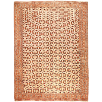 Turkmen Persian Rug 10'11" x 8'0" - Semi Antique Geometric Crimson, Navy Blue Hand Knotted | front view | SKU 111174