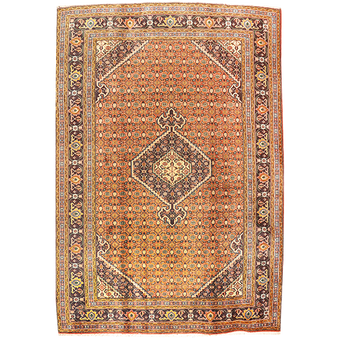 Ardabil Persian Rug 9x6 ft - Semi Antique Medallion (Toranj), Herati (Mahi) Rust Red, Cream, Navy Blue Hand Knotted | front view | SKU 111175