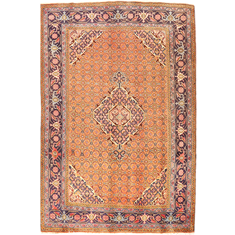 Ardabil Persian Rug 9x6 ft - Semi Antique Medallion Terracotta, Cream, Navy Blue Hand Knotted | front view | SKU 111176