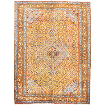 Ardabil Persian Rug 9'0" x 6'7" - Semi Antique Medallion Turquoise, White Hand Knotted | front view | SKU 111177