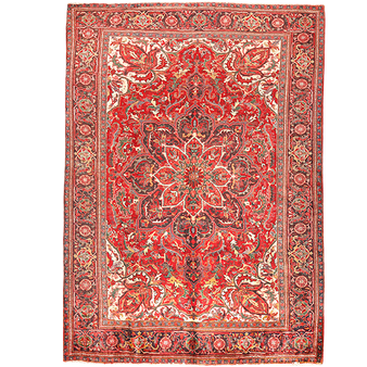 Heriz Persian Rug 11x8 ft - Semi Antique Medallion (Toranj), Shah Abbasi Madder Red, Crimson, Ivory Hand Knotted | front view | SKU 111179