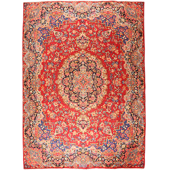 Kerman Persian Rug 10'9" x 7'12" - Semi Antique Medallion Crimson, Beige Hand Knotted | front view | SKU 111181