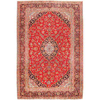Kashan Persian Rug 9x6 ft - Semi Antique Shah Abbasi, Medallion (Toranj) Crimson, Navy Blue, Cream Hand Knotted | front view | SKU 111182