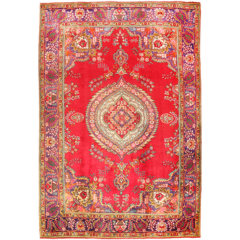 Tabriz Persian Rug 10'0" x 6'7" - Semi Antique Medallion Red, Cream Hand Knotted | front view | SKU 111183