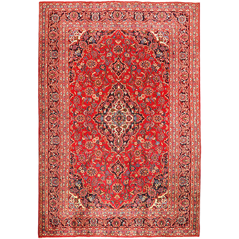 Mashhad Persian Rug 9x6 ft - Semi Antique Shah Abbasi, Medallion (Toranj) Crimson, Navy Blue, Cream Hand Knotted | front view | SKU 111184