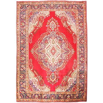 Tabriz Persian Rug 9'9" x 6'9" - Semi Antique Medallion Red, Cream Hand Knotted | front view | SKU 111185