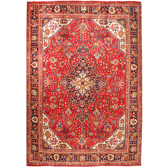 Tabriz Persian Rug 9x6 ft - Semi Antique Medallion Toranj, Herati Mahi Madder Red, Cream, Navy Blue Hand Knotted | front view | SKU 111186