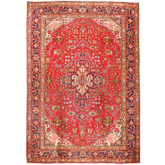 Tabriz Persian Rug 9x6 ft - Semi Antique Medallion Toranj Shah Abbasi Madder Red Cream Ivory Hand Knotted | front view | SKU 111187