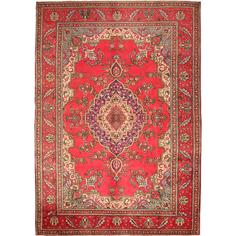 Tabriz Persian Rug 11x8 ft - Semi Antique Medallion Red, Cream Hand Knotted | front view | SKU 111190