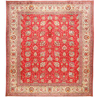 Tabriz Persian Rug 10'11" x 10'1" - Semi Antique Medallion Red, Cream Hand Knotted | front view | SKU 111192
