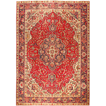 Tabriz Persian Rug 10'2" x 6'11" - Semi Antique Medallion Red, Cream Hand Knotted | front view | SKU 111193