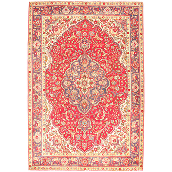 Tabriz Persian Rug 10x6 ft - Semi Antique Medallion Red, Cream Hand Knotted | front view | SKU 111194