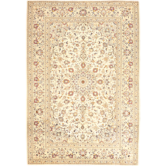 Kashan Persian Rug 9x6 ft - Semi Antique Medallion Toranj, Shah Abbasi Cream, Beige, Rust Red Hand Knotted | front view | SKU 111196