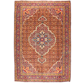 Ardabil Persian Rug 9'6" x 6'8" - Semi Antique Medallion Turquoise, White Hand Knotted | front view | SKU 111197