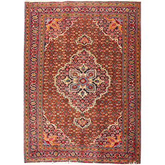 Ardabil Persian Rug 9x6 ft - Semi Antique Medallion Turquoise, White Hand Knotted | front view | SKU 111198