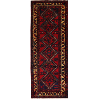 Arak Persian Rug 9x3 ft - Semi Antique Diamond Lattice, Geometric Dark Red, Crimson, Navy Blue Hand Knotted | front view | SKU 111201