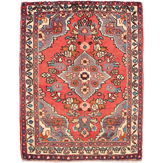 Arak Persian Rug 2x2 ft - Semi Antique Medallion (Toranj), Herati (Mahi) Madder Red, Cream, Navy Blue Hand Knotted | front view | SKU 111205