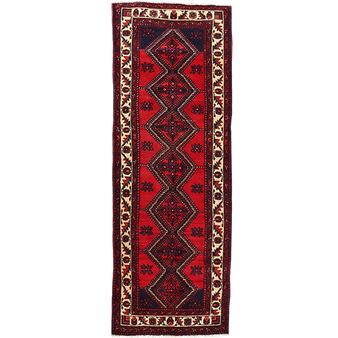 Saveh Persian Rug 10x3 ft - Semi Antique Medallion Red, Brown Hand Knotted | front view | SKU 111207