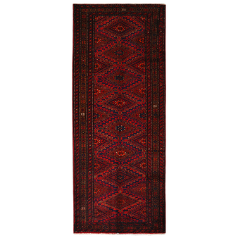 Lori Persian Rug 9'10" x 3'8" - Semi Antique Geometric Red, Brown Hand Knotted | front view | SKU 111208