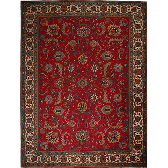 Tabriz Persian Rug 13'1" x 9'8" - Semi Antique Medallion Red, Cream Hand Knotted | front view | SKU 111210
