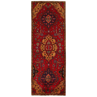 Tabriz Persian Rug 7x2 ft - Semi Antique Medallion (Toranj), Vase Red, Orange, Navy Blue Hand Knotted | front view | SKU 111215