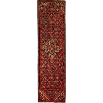 Hamadan Persian Rug 11x2 ft - Semi Antique Afshan Red, Blue Hand Knotted | front view | SKU 111216