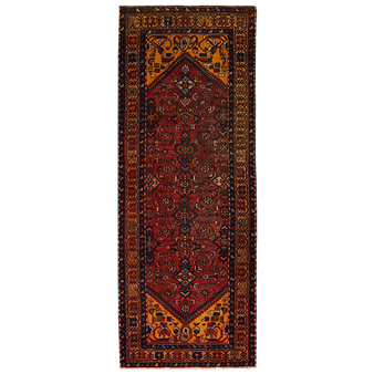 Hamadan Persian Rug 10'3" x 3'7" - Semi Antique Afshan Red, Blue Hand Knotted | front view | SKU 111217