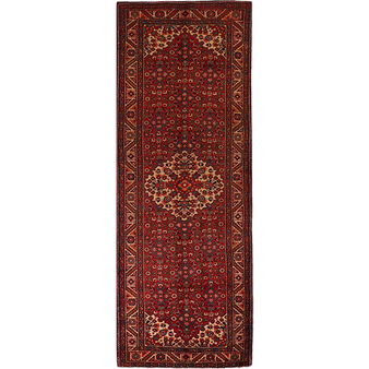 Hosseinabad Persian Rug 10x3 ft - Semi Antique Medallion (Toranj), Herati (Mahi) Dark Red, Crimson, Ivory Hand Knotted | front view | SKU 111218