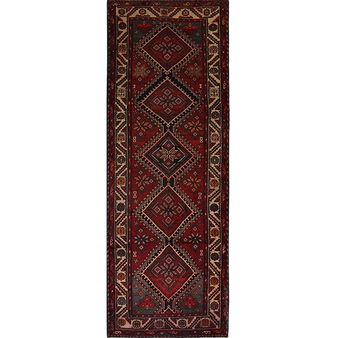 Hamadan Persian Rug 10x3 ft - Semi Antique Geometric, Diamond Lattice Dark Red, Madder Red, Navy Blue Hand Knotted | front view | SKU 111219