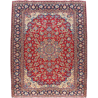 Najafabad Persian Rug 13x9 ft - Semi Antique Medallion Red, Beige Hand Knotted | front view | SKU 111220