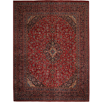 Mashad Persian Rug 12x9 ft - Semi Antique Medallion Crimson, Ultramarine Hand Knotted | front view | SKU 111221