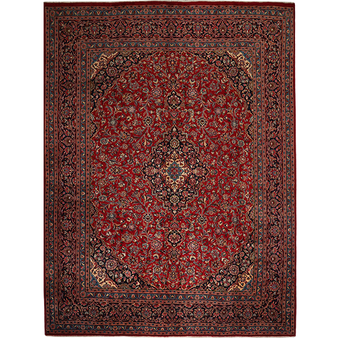 Mashad Persian Rug 12'12" x 9'10" - Semi Antique Medallion Crimson, Ultramarine Hand Knotted | front view | SKU 111221