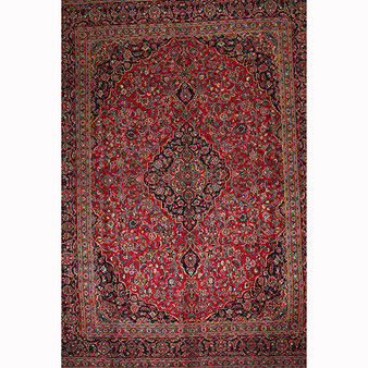Mashad Persian Rug 12'11" x 9'10" - Semi Antique Medallion Crimson, Ultramarine Hand Knotted | front view | SKU 111222