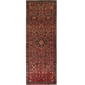 Hamadan Persian Rug 9x3 ft - Semi Antique Afshan Red, Blue Hand Knotted | front view | SKU 111225