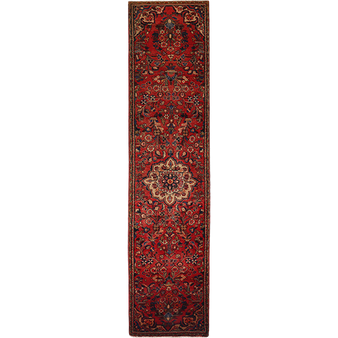 Lilihan Persian Rug 12x2 ft - Semi Antique Geometric Red, Navy Blue Hand Knotted | front view | SKU 111227