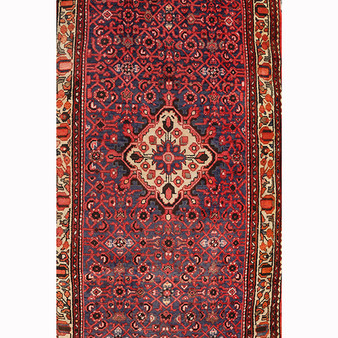 Hamadan Persian Rug 9x3 ft - Semi Antique Afshan Red, Blue Hand Knotted | front view | SKU 111230