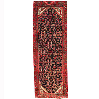 Hamadan Persian Rug 9x3 ft - Semi Antique Afshan Red, Blue Hand Knotted | front view | SKU 111233
