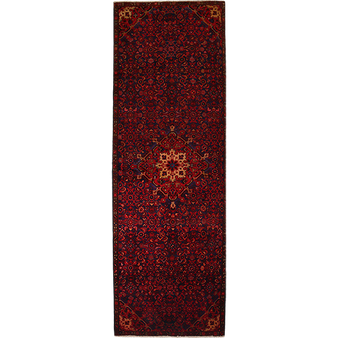 Hamadan Persian Rug 12'12" x 3'10" - Semi Antique Afshan Red, Blue Hand Knotted | front view | SKU 111235