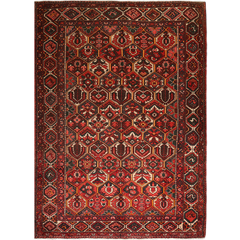Bakhtiari Persian Rug 9x7 ft - Semi Antique Medallion Blue, Crimson Hand Knotted | front view | SKU 111301