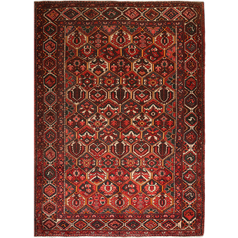 Bakhtiari Persian Rug 9x7 ft - Semi Antique Geometric, Diamond Lattice Madder Red, Dark Red, Burgundy Hand Knotted | front view | SKU 111301