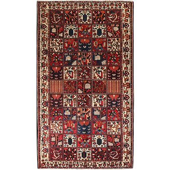Bakhtiari Persian Rug 9x5 ft - Semi Antique Medallion Blue, Crimson Hand Knotted | front view | SKU 111304