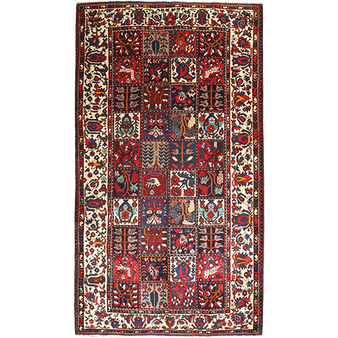Bakhtiari Persian Rug 10'0" x 5'5" - Semi Antique Medallion Blue, Crimson Hand Knotted | front view | SKU 111305