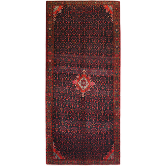 Bijar Persian Rug 11x4 ft - Semi Antique Medallion Crimson, Navy Blue Hand Knotted | front view | SKU 111307