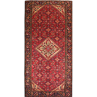 Borchelu Persian Rug 11x5 ft - Semi Antique Medallion Camel, Blue Hand Knotted | front view | SKU 111308