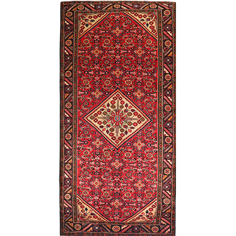Borchelu Persian Rug 11x5 ft - Semi Antique Medallion Toranj, Herati Mahi Madder Red, Ivory, Navy Blue Hand Knotted | front view | SKU 111308