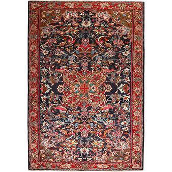 Bakhtiari Persian Rug 10x6 ft - Semi Antique Medallion Navy Blue, Crimson, Madder Red Hand Knotted | front view | SKU 111315